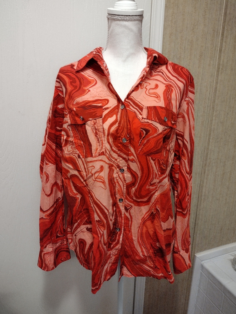MICHAEL Michael Kors Orange ,Red and Cream Marble Print Top